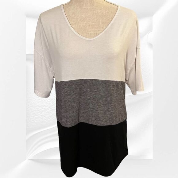 Shein 3 Tone Medium Wide Stripe V Neck Tee, Black White Gray - Picture 1 of 4